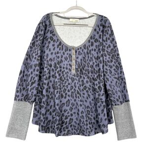 LUUKSE Purple Animal Print‎ Long Sleeve Button Front Ribbed Cuff Henley Top XL